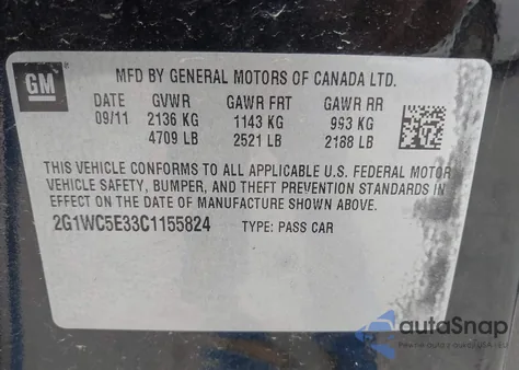 2012 Chevrolet Impala Ltz z USA, uszkodzony, nr VIN 2G1WC5E33C1155824